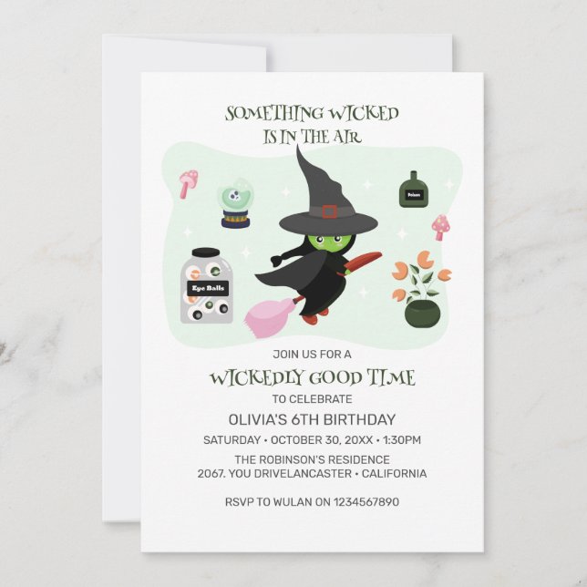  Wickedly Cute Green Witch Birthday Party Invitation (Front)
