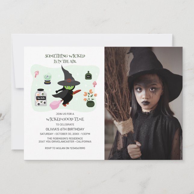 Wickedly Cute Green Witch Birthday Party Photo Invitation (Front)