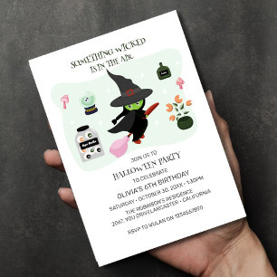 Wickedly Cute Green Witch Halloween Birthday Invitation
