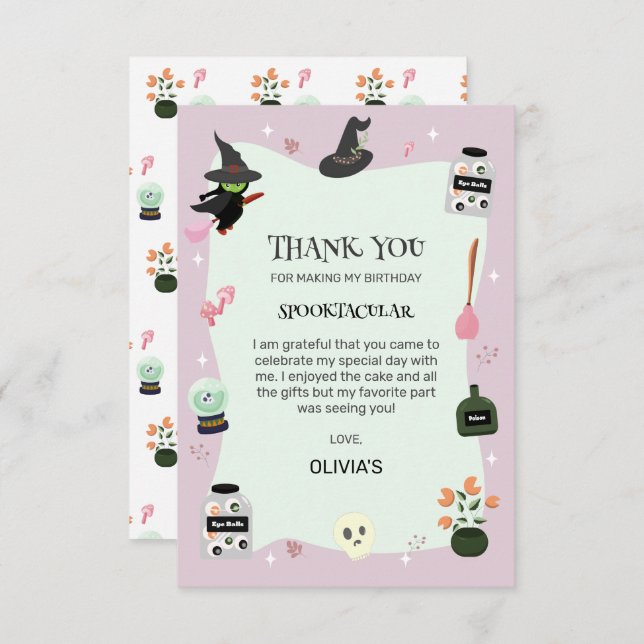  Wickedly Cute Green Witch Halloween Birthday Thank You Card (Front/Back)