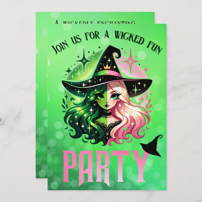 Wickedly Fun Birthday Party Green Pink Glinda Announcement (Front/Back)