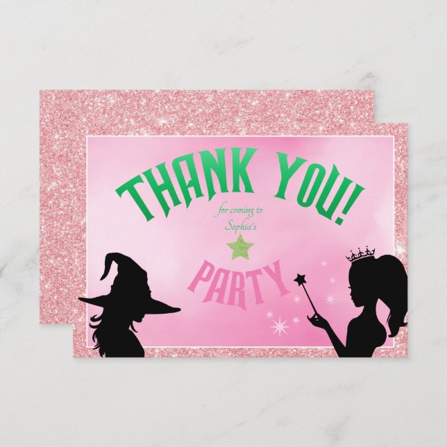 Wickedly Fun Birthday Party Green Pink Glinda Thank You Card (Front/Back)