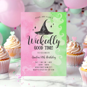Wickedly Good Time Witch Hat Birthday, Pink Green Invitation