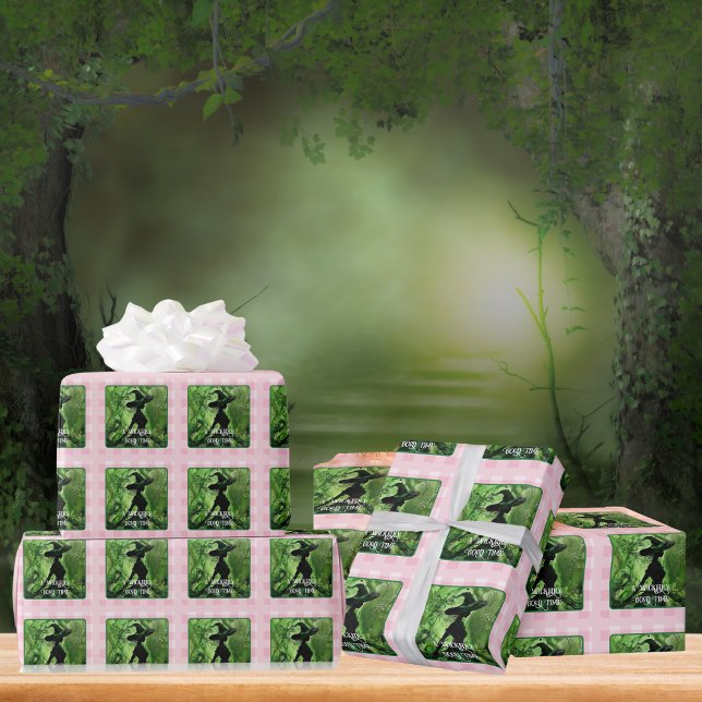 Wickedly Good Witch Green and Pink Gingham Plaid Wrapping Paper (Creator Uploaded)