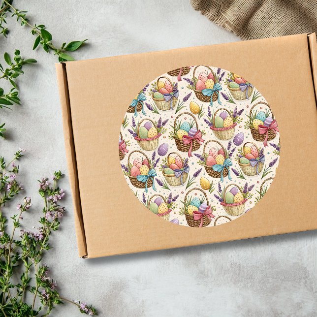 Wicker Basket Easter Eggs with Lavender Classic Round Sticker (Creator Uploaded)