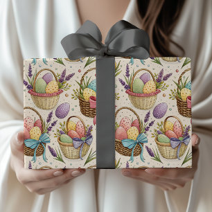 Wicker Basket Easter Eggs with Lavender Wrapping Paper