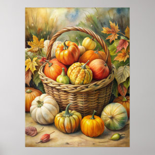 Wicker Basket with Pumpkins Fall Poster