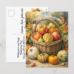 Wicker Basket with Pumpkins Happy Thanksgiving Holiday Postcard
