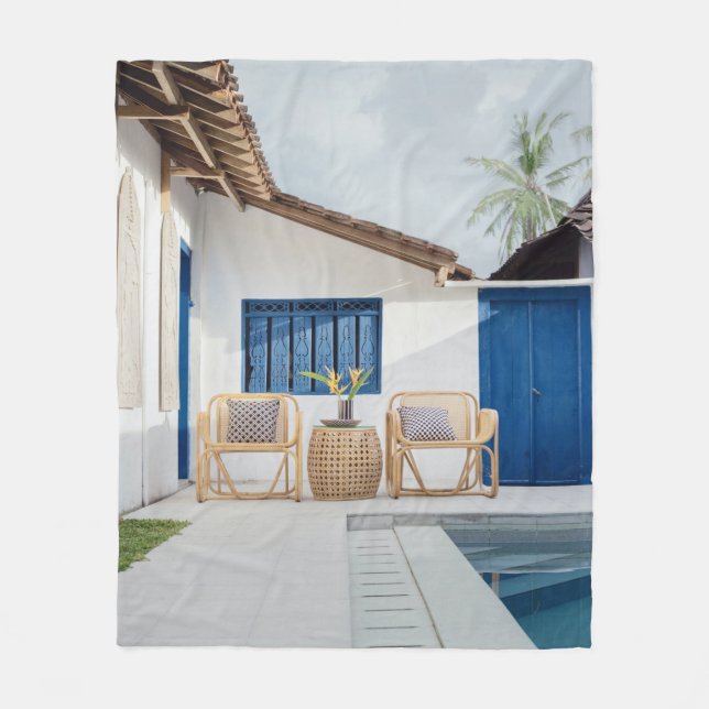 Wicker table and two chairs near swimming pool fleece blanket (Front)