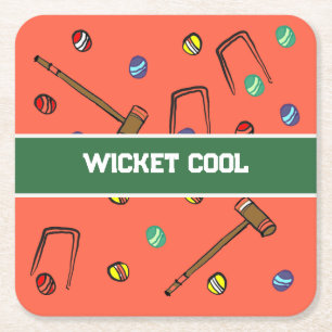 Wicket Cool Funny Hand-Illustrated Orange Croquet  Square Paper Coaster