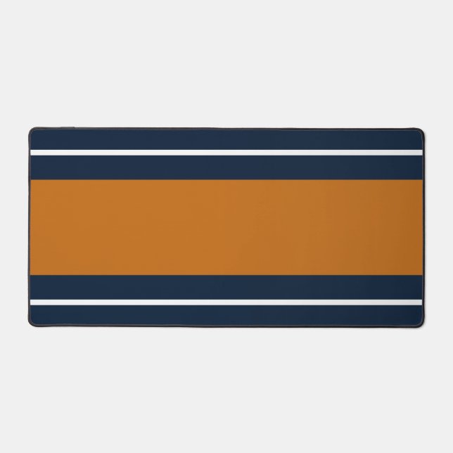 Wide 70s Orange White Navy Blue Racing Stripes Desk Mat (Front)