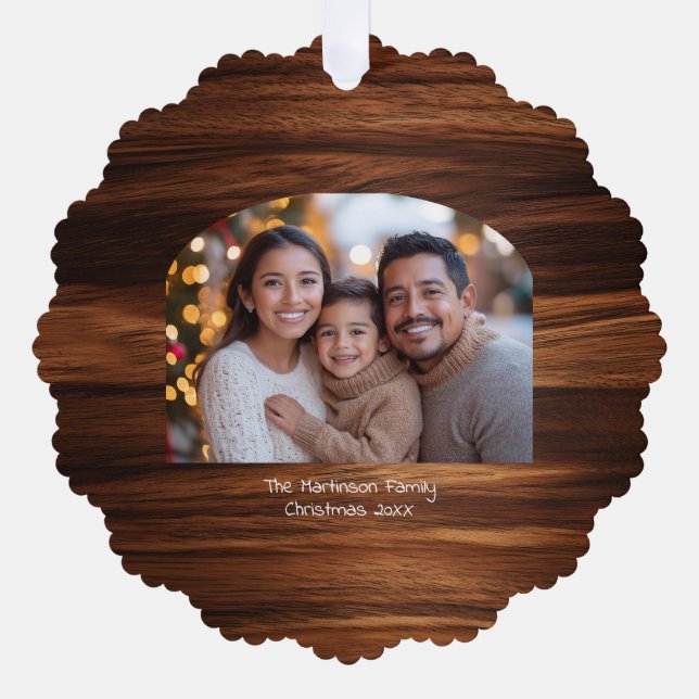 Wide Arch Family Christmas Photo Woodgrain Tree Decoration Card (Front)