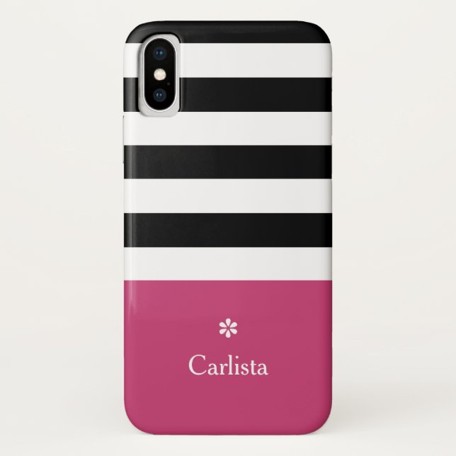 Wide Black Horizontal Stripes Dark Pink Name Daisy Case-Mate iPhone Case (Back)