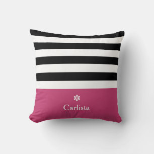 Wide Black Horizontal Stripes Dark Pink Name Daisy Cushion