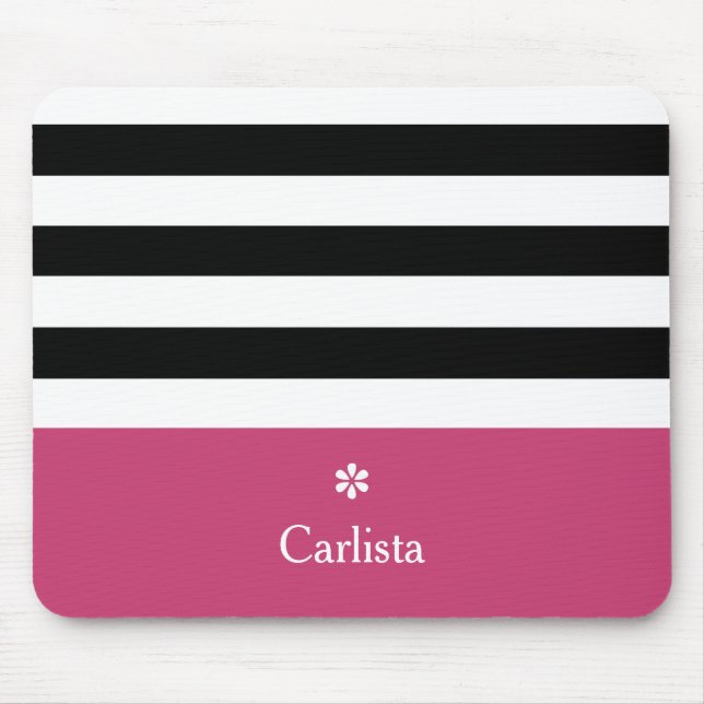 Wide Black Horizontal Stripes Dark Pink Name Daisy Mouse Mat (Front)