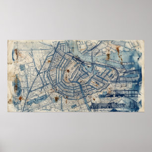Wide Blue Abstract Map Lines Poster