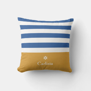 Wide Blue Horizontal Stripes Gold Name and Daisy Cushion