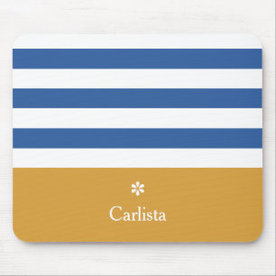 Wide Blue Horizontal Stripes Gold Name and Daisy Mouse Mat