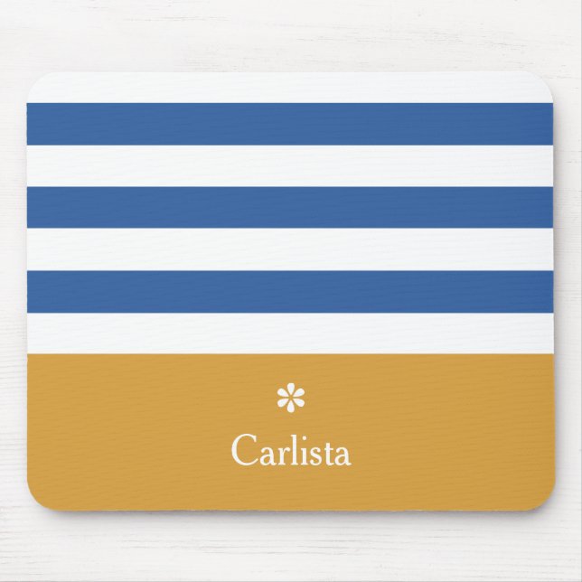 Wide Blue Horizontal Stripes Gold Name and Daisy Mouse Mat (Front)