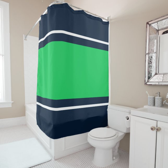 Wide Bright Green White Navy Blue Racing Stripes Shower Curtain (In Situ)