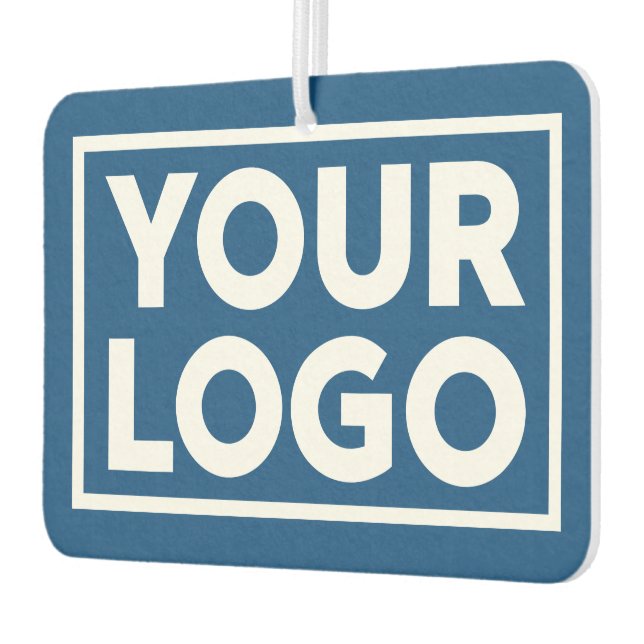 Wide Business Logo and Custom Text on Blue Car Air Freshener (Left)