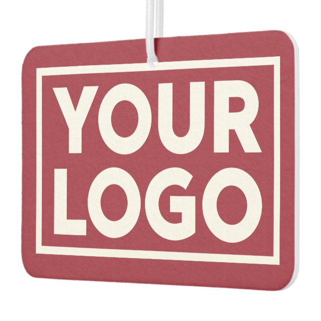 Wide Business Logo and Custom Text on Burgundy Red Car Air Freshener (Left)