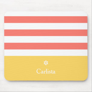 Wide Coral Horizontal Stripes Yellow Name Daisy Mouse Mat