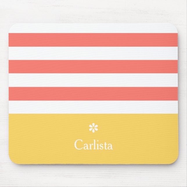 Wide Coral Horizontal Stripes Yellow Name Daisy Mouse Mat (Front)