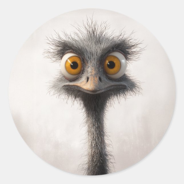 Wide-Eyed Ostrich Cartoon Portrait Classic Round Sticker (Front)