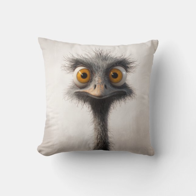 Wide-Eyed Ostrich Cartoon Portrait Cushion (Front)