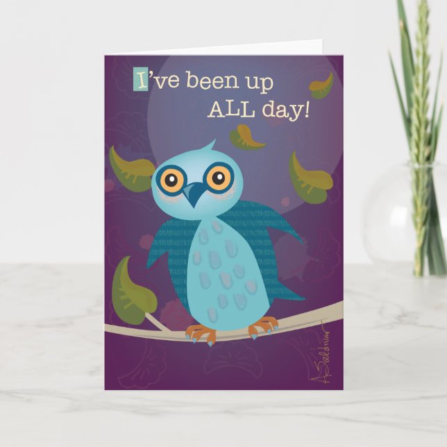 Wide-Eyed Owl in Moonlight Greeting Card (Front)