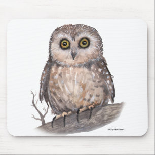 Wide Eyed Owl Wildlife Watercolor Art Mouse Mat