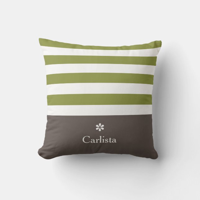 Wide Green Horizontal Stripes Brown Name Daisy Cushion (Front)