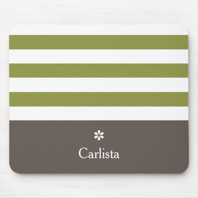 Wide Green Horizontal Stripes Brown Name Daisy Mouse Mat (Front)