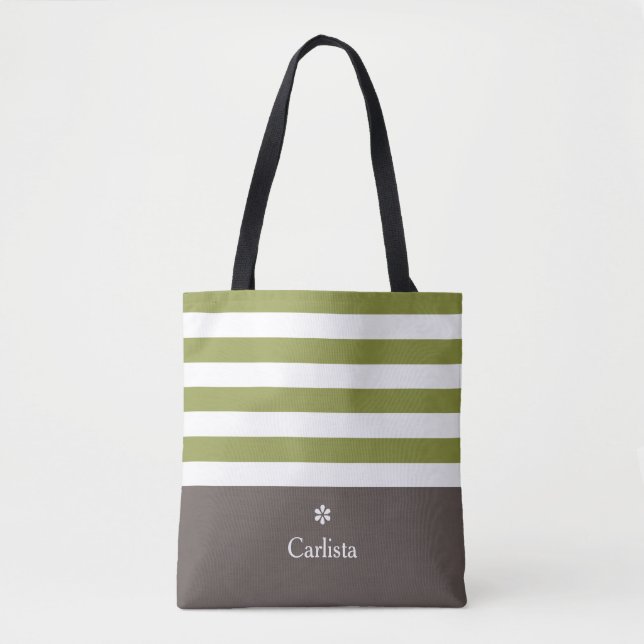 Wide Green Horizontal Stripes Brown Name Daisy Tote Bag (Front)