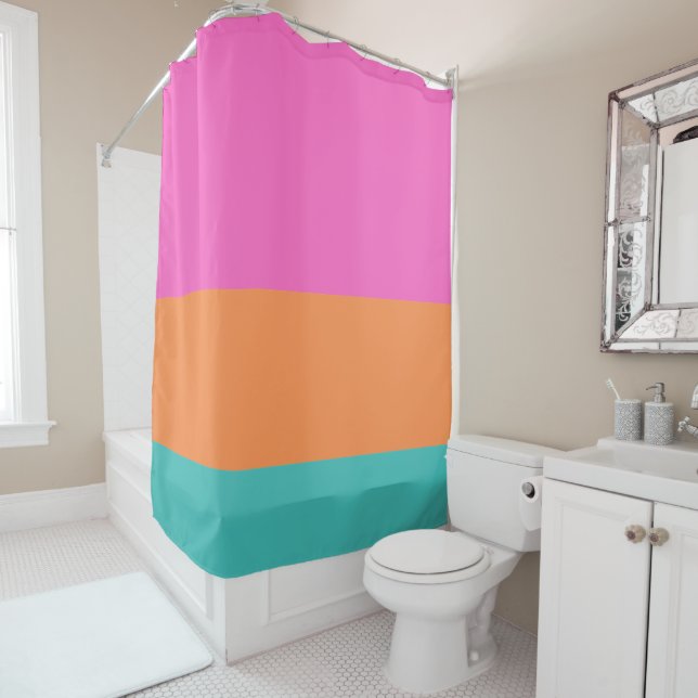 Wide Horizontal Lines Pink Orange and Blue  Shower Curtain (In Situ)