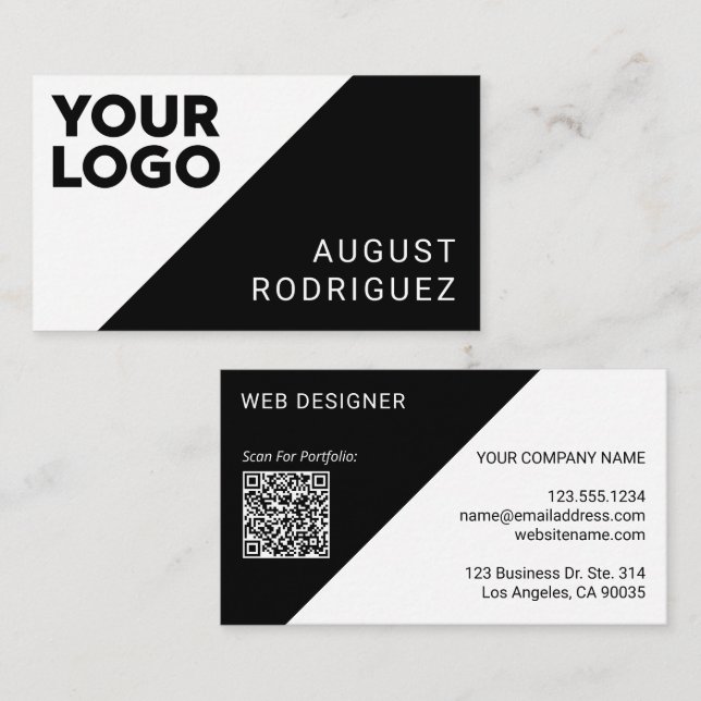 Wide Logo Custom QR Code Black White Geometric Business Card (Front/Back)