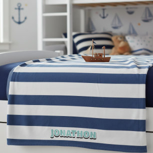 Wide Nautical Striped Weave Navy White ID1248 Fleece Blanket