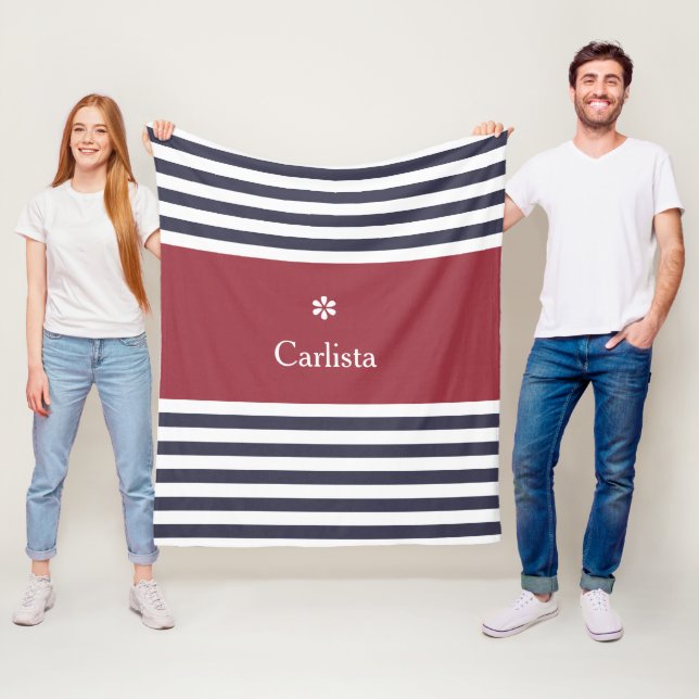 Wide Navy Blue Horizontal Stripes Red Name Daisy Fleece Blanket (In Situ)