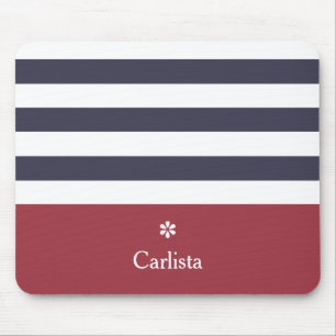 Wide Navy Blue Horizontal Stripes Red Name Daisy Mouse Mat