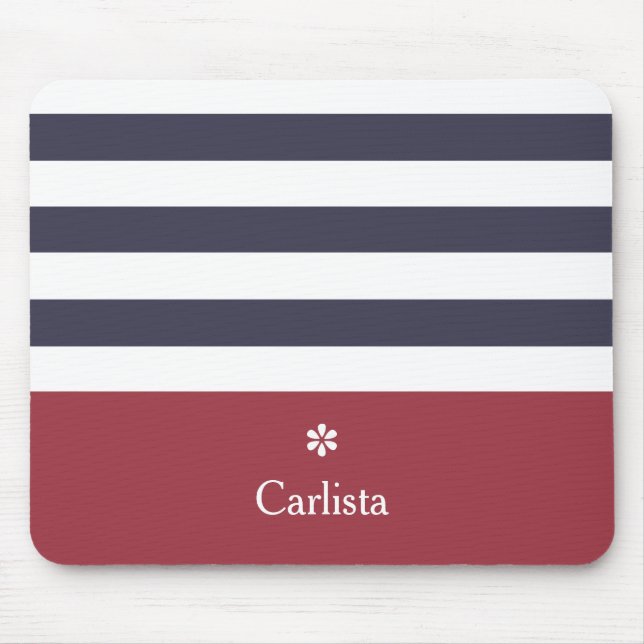 Wide Navy Blue Horizontal Stripes Red Name Daisy Mouse Mat (Front)