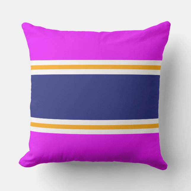 Wide Navy Yellow White Stripes On Tropical Pink Cushion (Front)