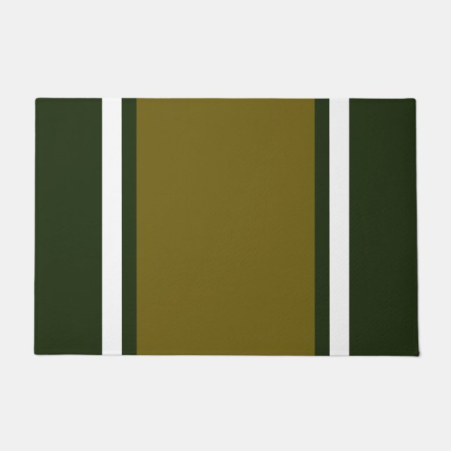 Wide Olive White Racing Stripes On Dark Green Doormat (Front)