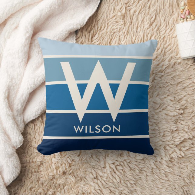 Wide Rich Blue Gradient Stripe Monogram  Cushion (Blanket)