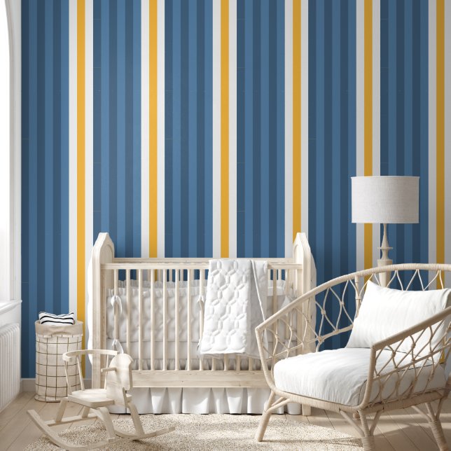 Wide Saffron Mango, Dusty Blue and White Stripes Wallpaper (Kids)