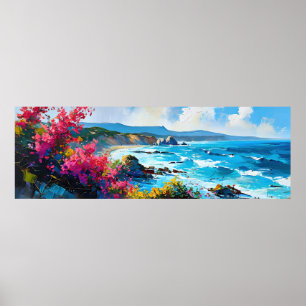 Wide Seascape Mediterranean Beach and Rocks Poster