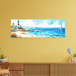 Wide Seascape Mediterranean Lighthouse and Yachts Canvas Print