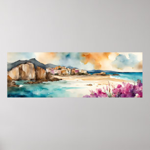 Wide Seascape Mediterranean Village by Sea Poster