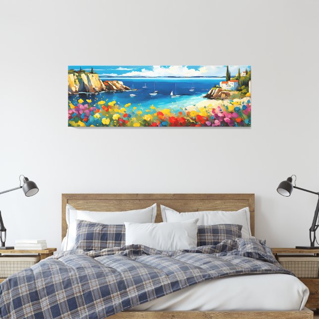Wide Seascape Mediterranean Yachts and Flowers Canvas Print (Insitu(Bedroom))