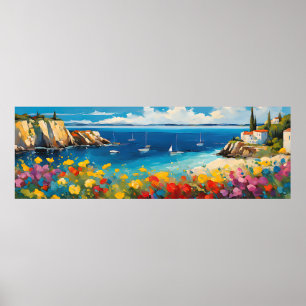 Wide Seascape Mediterranean Yachts and Flowers Poster